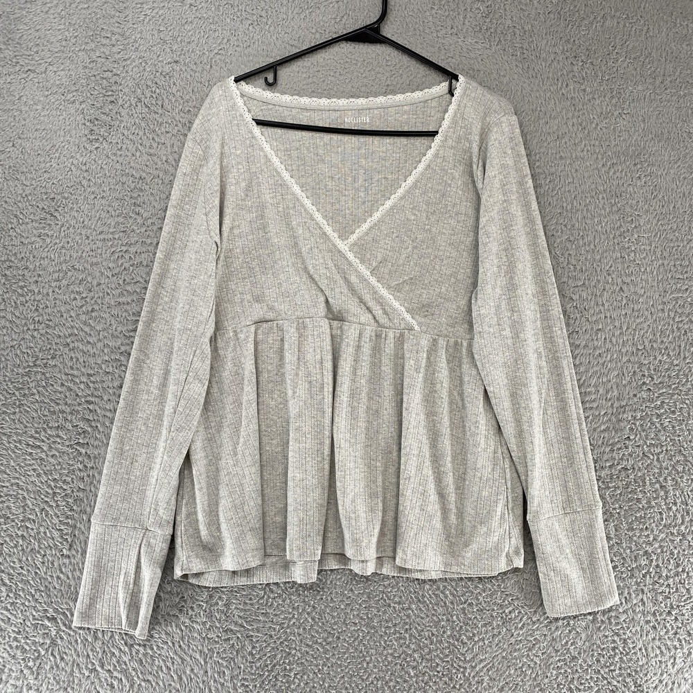 Hollister Babydoll Shirt Womens XL Gray Ribbed Wrap V-Neck Lace Trim Y2K